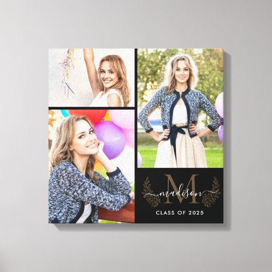 Custom Monogram Zwart Goud Afstuderen 2021 Foto Canvas Afdruk (Voorkant)