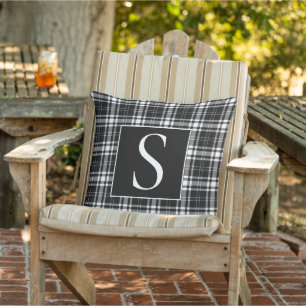 Custom Monogram Zwart Wit Buffel Check Tartan Buitenkussen