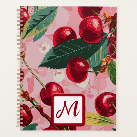 Custom Monogrammed Roze Retro Cherry Business Planner (Voorkant)