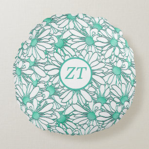 Custom Mooie Blauwgroen en witte bloemen Rond Kussen