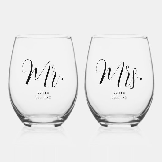 Custom 'Mr. & mevrouw' Minimaal script bruiloft Wijnglas Zonder Voet (Voorkant)