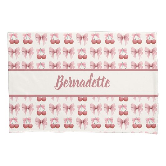 Custom Naam Roze Bogen en Kersen Girly Coquette Kussensloop (Voorkant-Links)