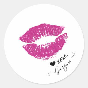 Custom Naam Stijlvol Meisje Roze Kus Lippen Hart Ronde Sticker
