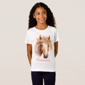 Custom Naam Waterverf Bloemen Paard Meisje T-shirt (Voorkant volledig)