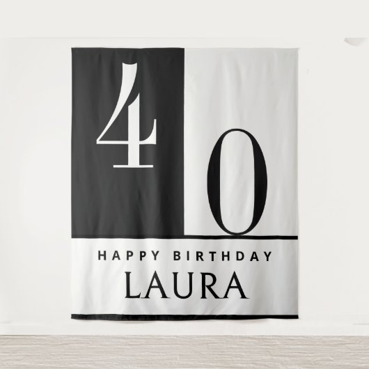 Custom Name & Age Banner, Black and White Birthday Wandkleed (Voorkant)
