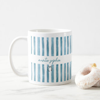 Custom Name Auntie, Watercolor Blue Stripe  Koffiemok