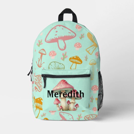 Custom Name Backpack Teal Mushroom Pattern School Bedrukte Rugzak (Voorkant)
