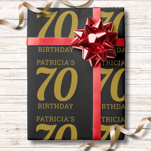 Custom Name Black And Gold Text 70th Birthday   Cadeaupapier