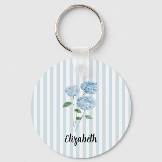 Custom Name Blue Hydrangea Painting Stripe Sleutelhanger (Voorkant)