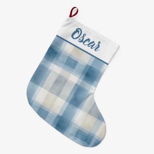 Custom Name Blue & White Plaid Christmas Stocking Grote Kerstsok (Voorkant (Hangend))
