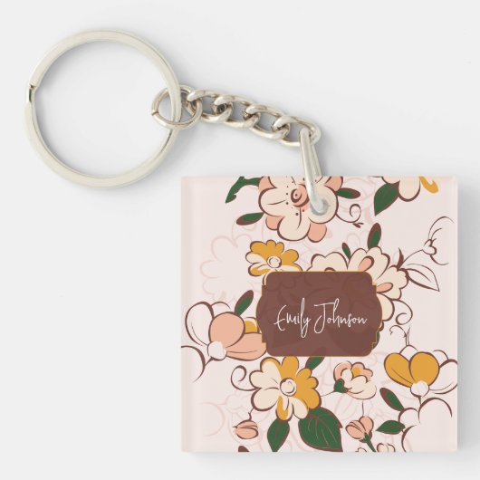 Custom Name Bohemian Peach Floral Script Name Sleutelhanger (Voorkant)
