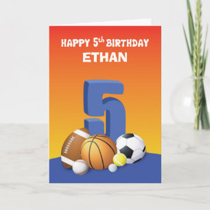 Custom Name Boy 5th Birthday Sports Balls Kaart