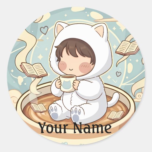 Custom Name Cat Coffee Sticker for Book Lovers (Voorkant)