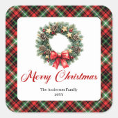 Custom Name Christmas Wreath Red Green Plaid Label (Voorkant)