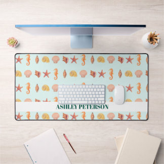 Custom Name Coastal Watercolor Seashells Teal Bureaumat