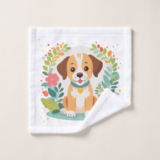 Custom Name Cute Floral Dog Puppy Kids (Gant de toilette)