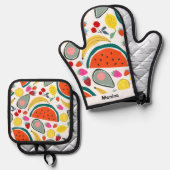 Custom Name Cute Fruits Background Ovenwant & Pannenlap Set (Voorkant / Achterkant)