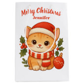 Custom Name Cute Kitten Merry Christmas Gift Bag Medium Cadeauzakje (Voorkant)