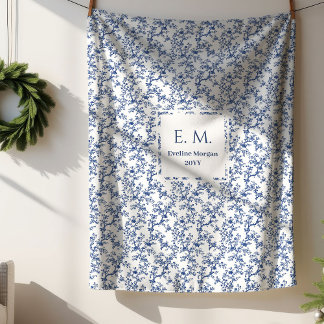 Custom Name Dusty Blue Toile Floral Cozy Blanket Sherpa Deken