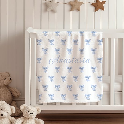 Custom Name Fleece Blanket Coquette Blue Bows Cute Deken