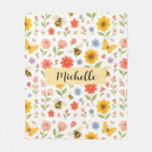 Custom Name Floral Bee Blanket Fleece Deken (Voorkant)