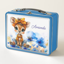Custom Name Giraffe polka dot bow blue poppies