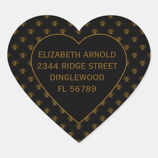 Custom Name Gold Metallic Foil Bees on Black Hart Sticker (Voorkant)