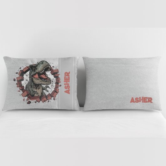 Custom Name Grey Boys Dinosaur Roaring T-Rex Kussensloop