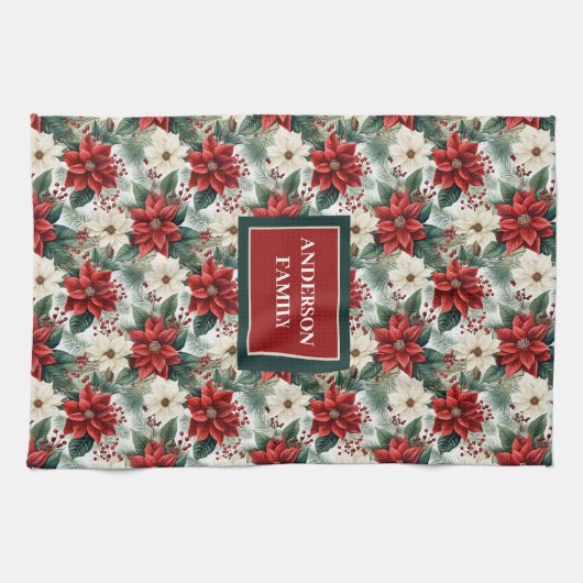 Custom Name Kitchen Towel Chic Christmas Wreath Theedoek (Horizontaal)