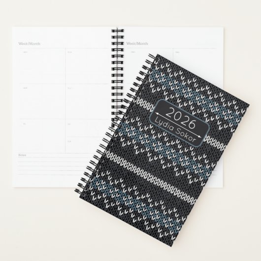 Custom Name Knit Grey and Blue Planner (Devant avec enveloppe)