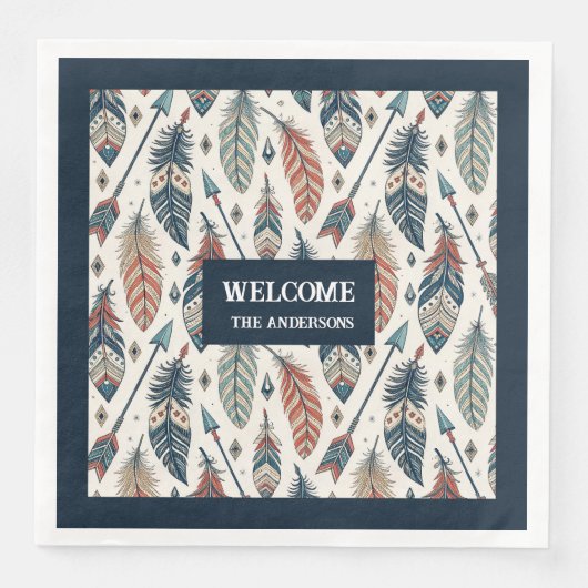 Custom Name Napkins Ethnic Chic Feathers Design Servet (Voorkant)