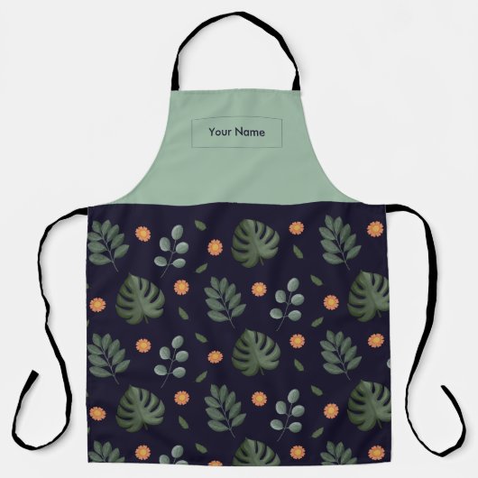 Custom Name Navy Botanical Apron Schort (Voorkant)