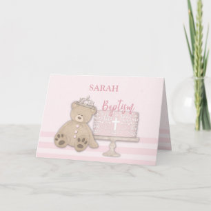 Custom Name Pink Baptism Cake Teddy Bear and Tiara Kaart