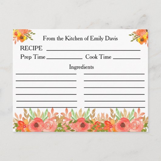Custom Name Recept Kaarten met bloemen en groen (Voorkant)