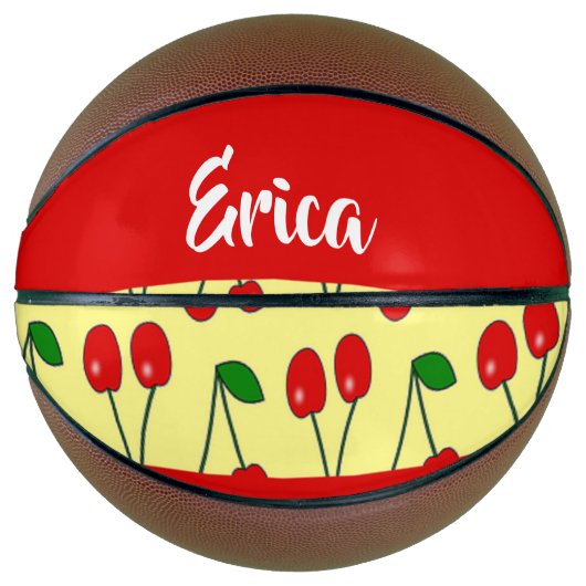 Custom name red cherries on yellow basketbal (Voorkant)