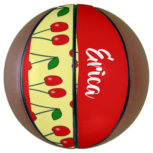 Custom name red cherries on yellow basketbal (Verticaal)