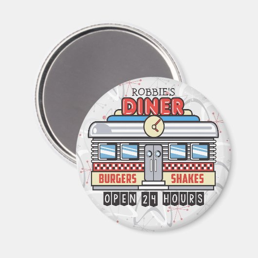 Custom NAME Retro 50s Diner Sign Fifties Atomic Magneet (Voorkant / Achterkant)