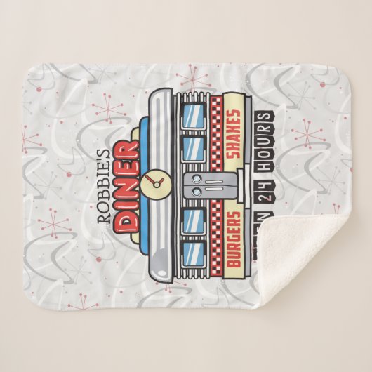 Custom NAME Retro 50s Diner Sign Fifties Atomic Sherpa Deken (Voorkant (horizontaal))