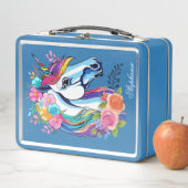 Custom Name Unicorn Lunchbox - Floral Metal (En situation)