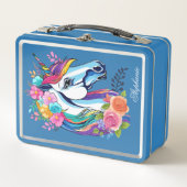 Custom Name Unicorn Lunchbox - Floral Metal (Devant)