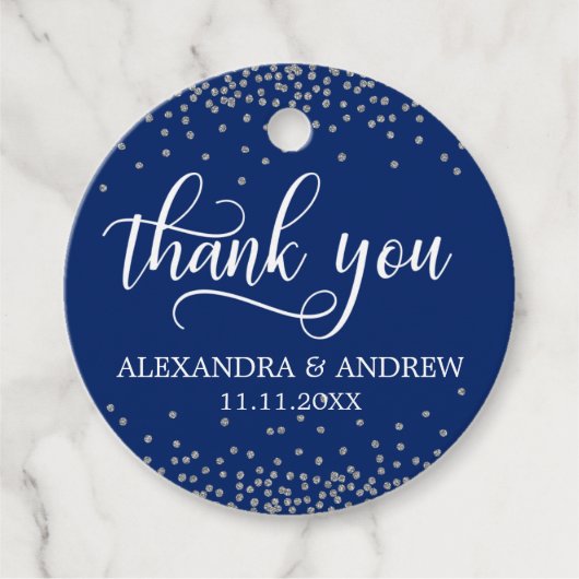 Custom Navy Blue Silver Confetti bruiloft dank u Bedankjes Labels (Voorkant)