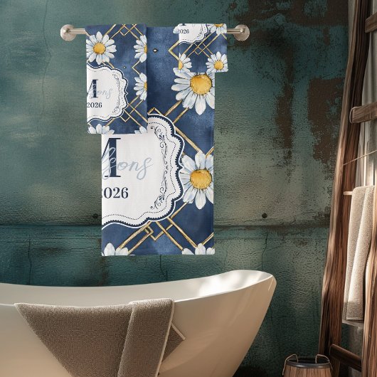 Custom Navy Daisy Gingham Monogram Decor Bad Handdoek