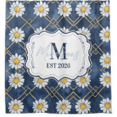 Custom Navy Daisy Gingham Monogram Decor Douchegordijn (Voorkant)