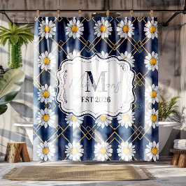 Custom Navy Daisy Gingham Monogram Decor Douchegordijn