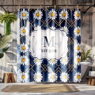 Custom Navy Daisy Gingham Monogram Decor Douchegordijn