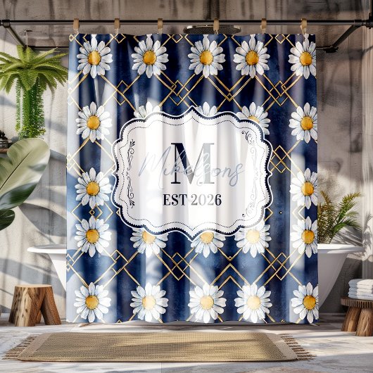 Custom Navy Daisy Gingham Monogram Decor Douchegordijn