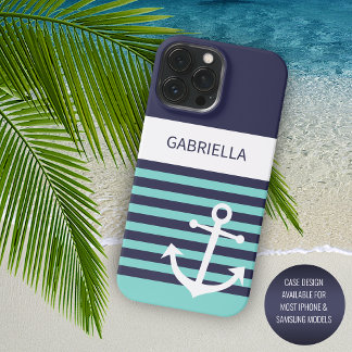 Custom Navy Donkerblauw Wit Aqua Turquoise Stripes iPhone 15 Pro Max Hoesje