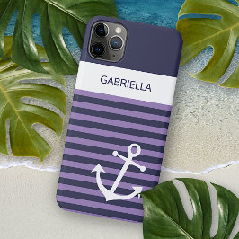 Custom Navy Donkerblauw Wit Violet Paarse strepen iPhone 11 Pro Max Hoesje