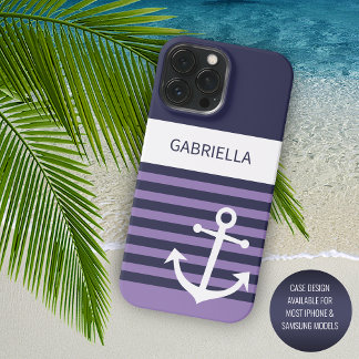 Custom Navy Donkerblauw Wit Violet Paarse strepen iPhone 15 Pro Max Hoesje