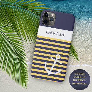 Custom Navy Donkerblauw Wit Zonnig Geel Strepen iPhone 11 Pro Max Hoesje
